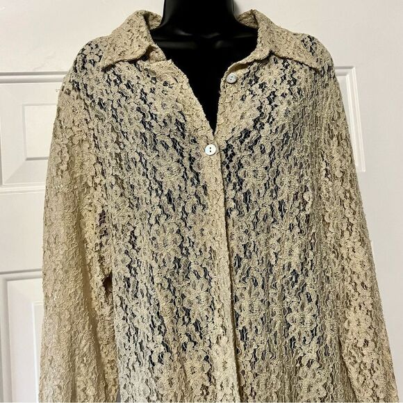 VTG 90s Cream Lace Collar Shell Button Down Tunic Shirt Shacket Split Hem Top L - Picture 5 of 16